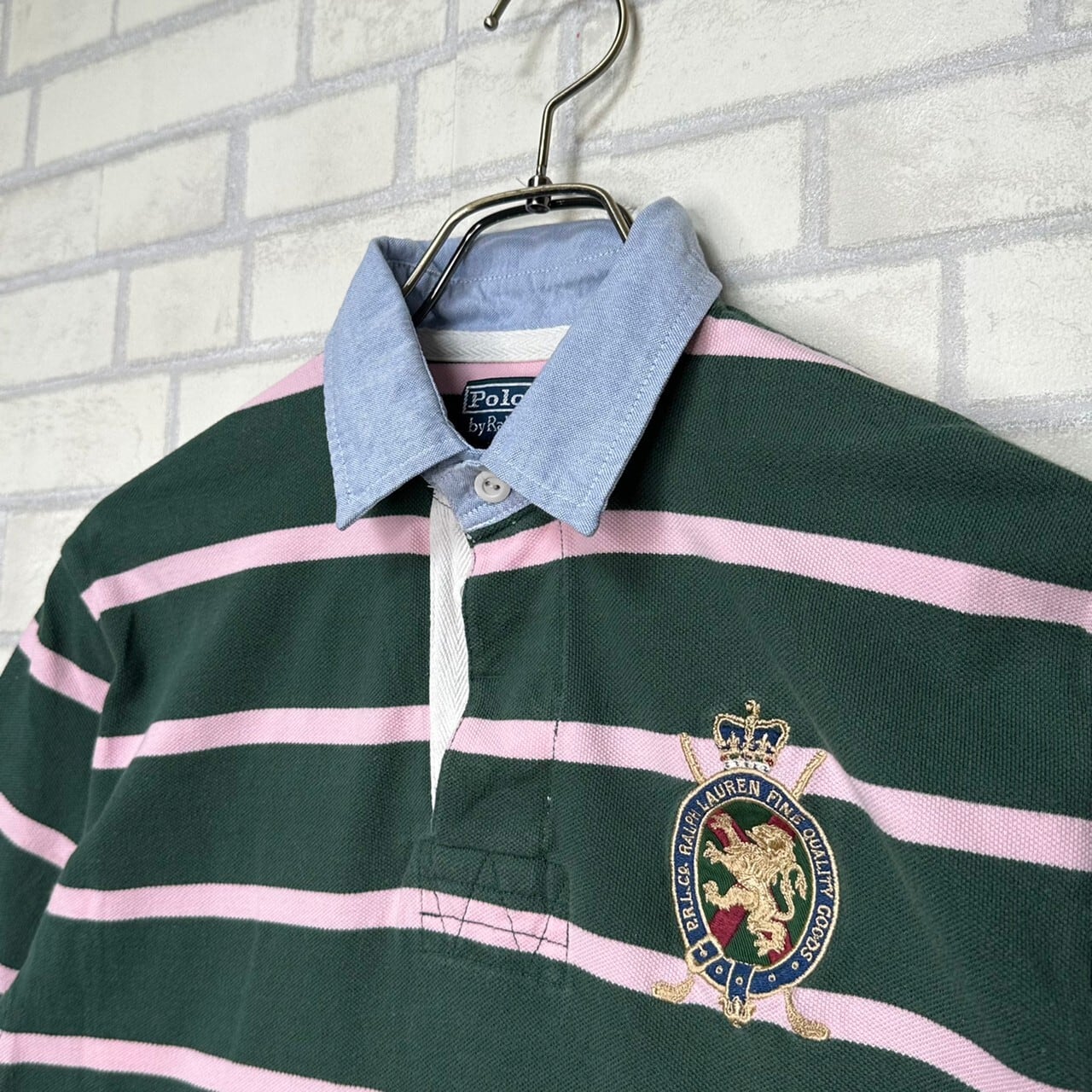 【希少】POLO RALPH LAUREN ラガーシャツ ボーダー刺繍ネイビーL ポロラルフローレン 紺 ネイビー 半袖 ポロシャツ ワインレッド