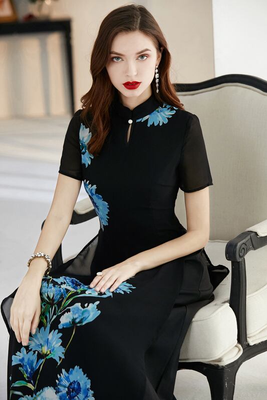 チャイナ風ワンピース 民族風 ロングドレス サイドスリット 半袖 スタンドネック ロング丈ワンピース 二次会 花嫁 謝恩会 デート お呼ばれ 大きいサイズ S M L Ll 3l 4l シフォン ブラック 黒い Dresszone