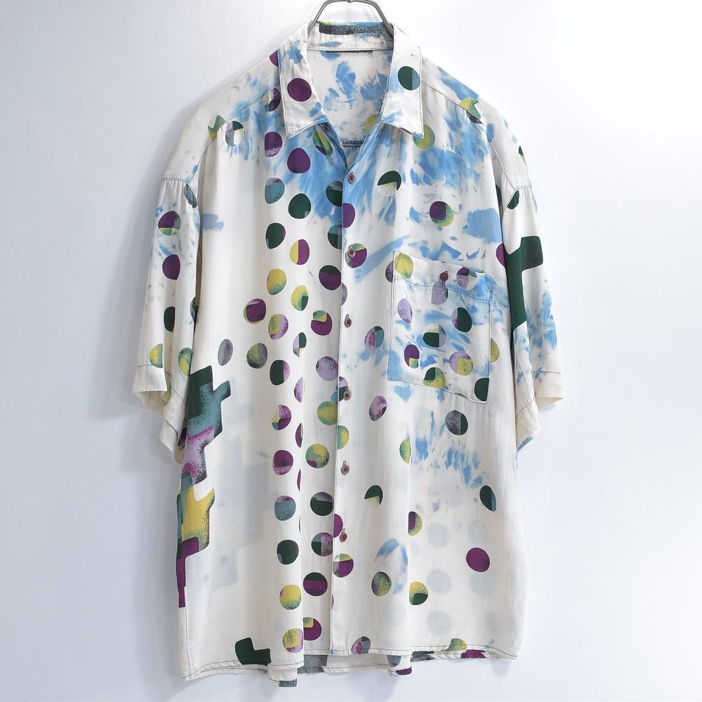 Vintage モダンアートデザイン 幾何学 ドット柄 総柄 半袖 シャツ 幾何