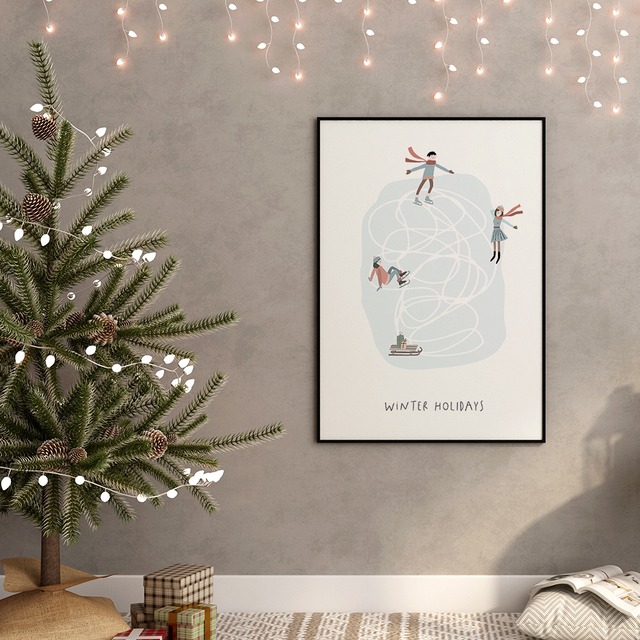 北欧クリスマスのポスター　/ i1037 / 冬景色の中でスケートをする人々　冬の街