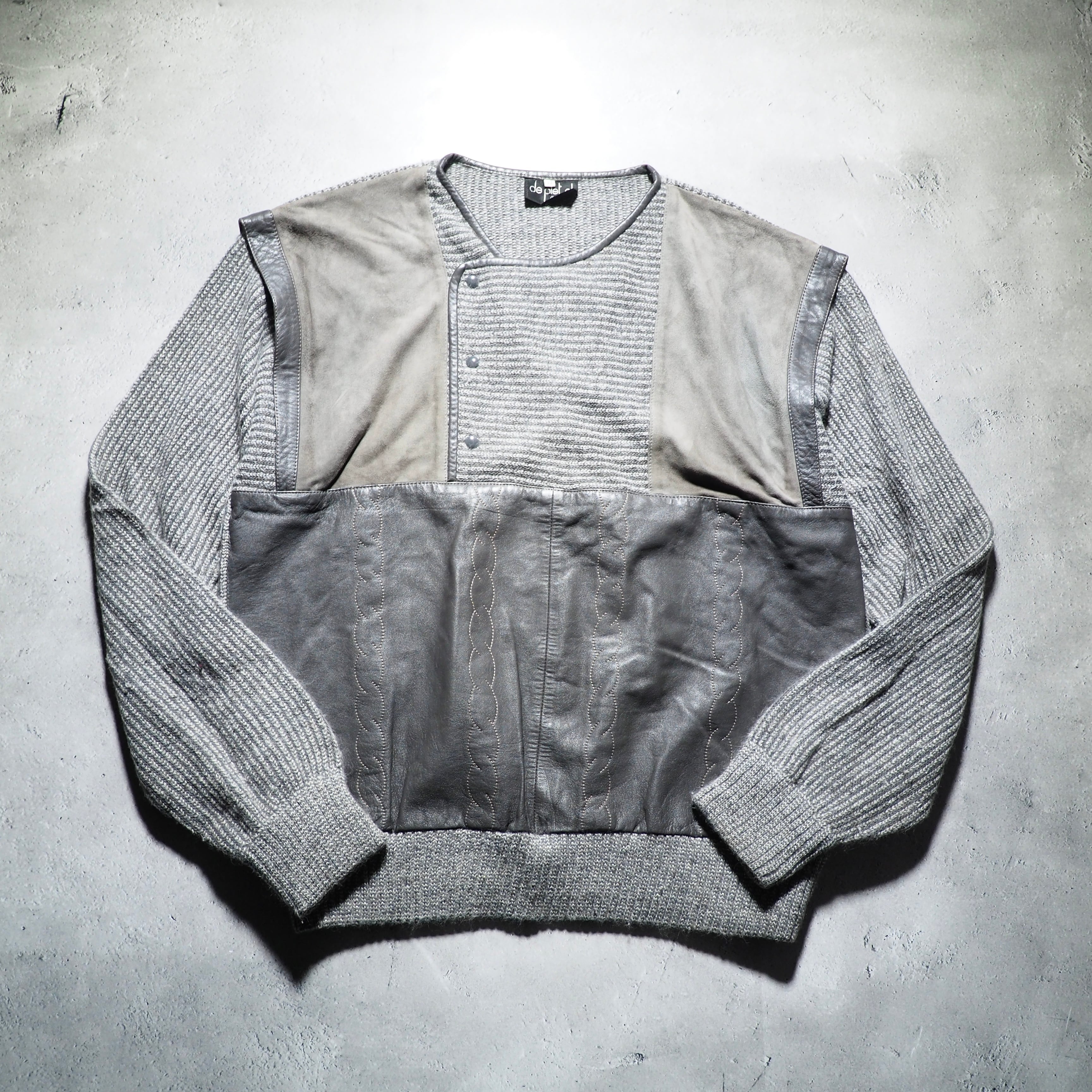 1980 - 90s " 変形 - Deformation " suede leather  switching vintage loose knit (made in Italy)