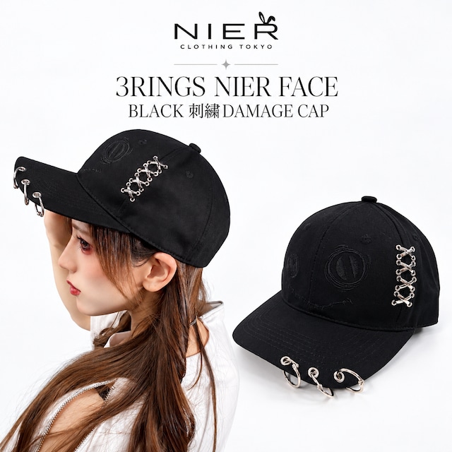 《週末ばら撒きプレゼント》3RINGS NIER FACE BLACK 刺繍DAMAGE CAP