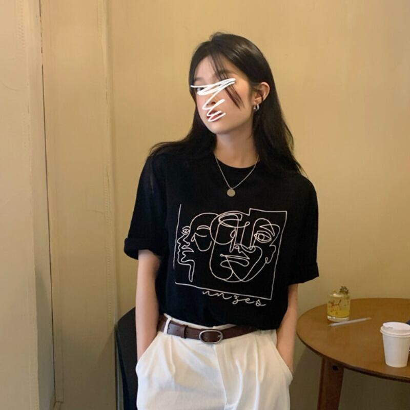 ネットレッドプリント半袖Tシャツレディース2020年夏新バージョンイントレンディなルーズホワイトボトミングシャツトップ付き 1号婦人44912272095