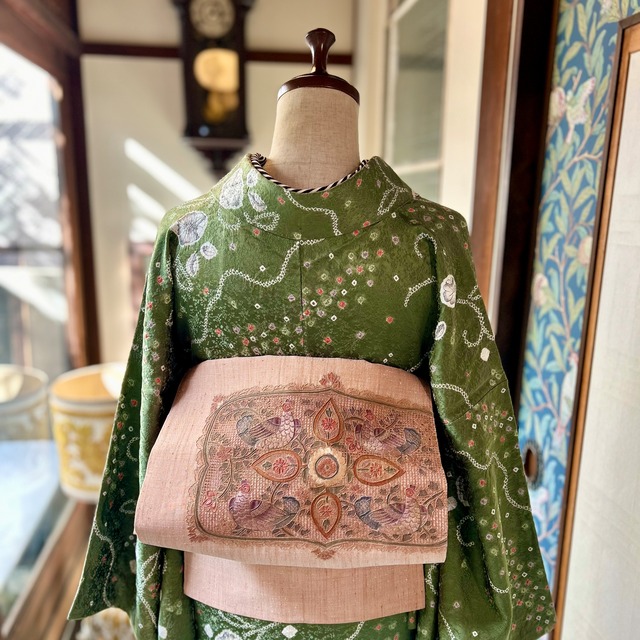 刺繍の贈りもの＊スワトウ刺繍 汕頭刺繍 鳥 リサイクル名古屋帯 A538 