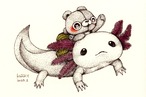 ウーパールーパーと弟くまの子・点描画