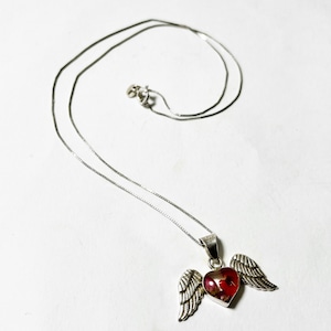 Vintage 925 Silver Dried Flower Winged Heart Pendnt Necklace