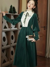 【0121】Green Velvet Puff Long Sleeve Dress