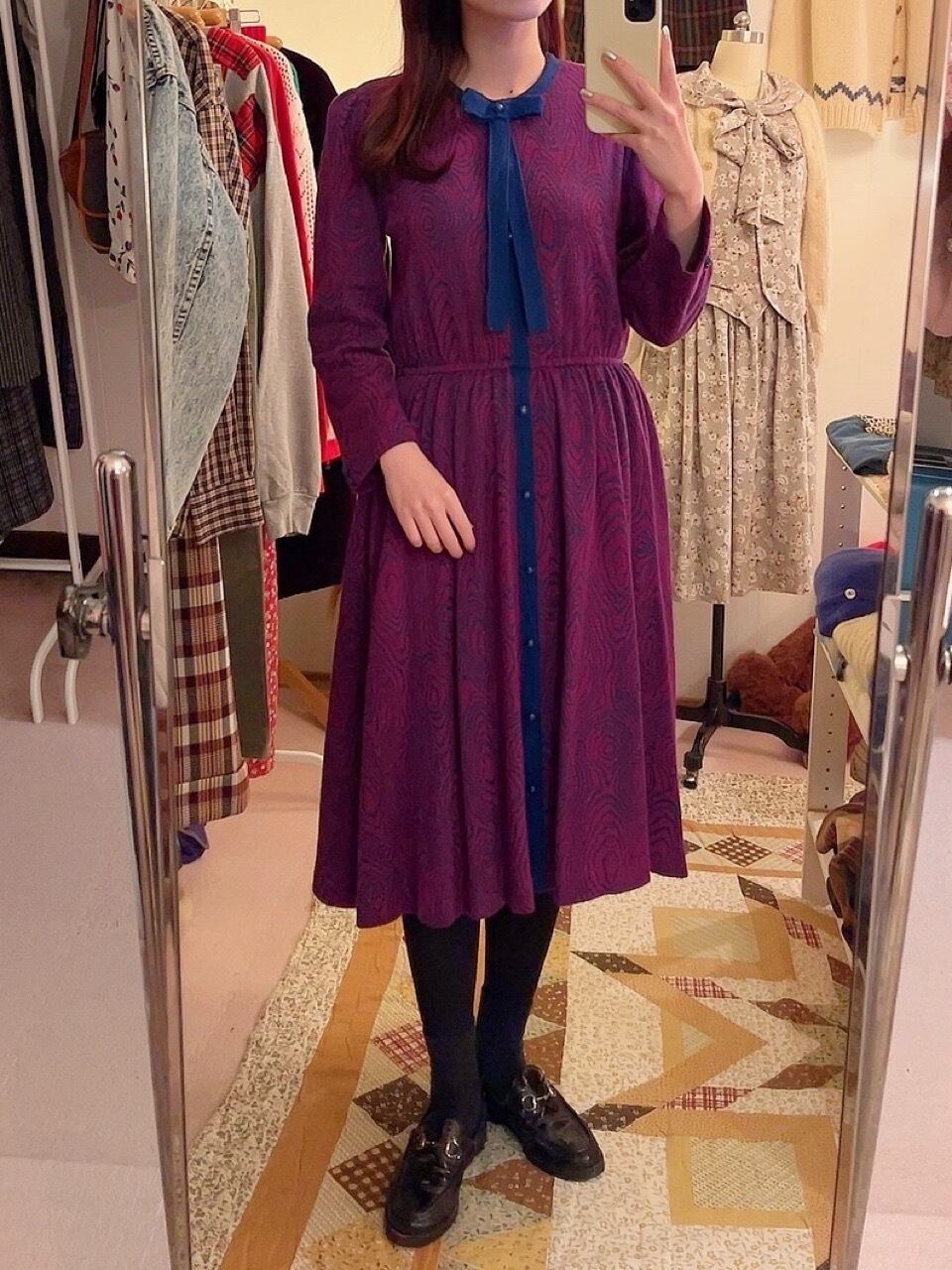 blue ribbon jacquard knit one-piece