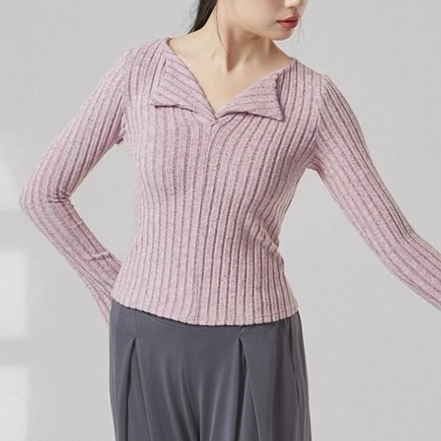 オープンカラー 長袖 ニット タイト ニットポロシャツ　5　00036