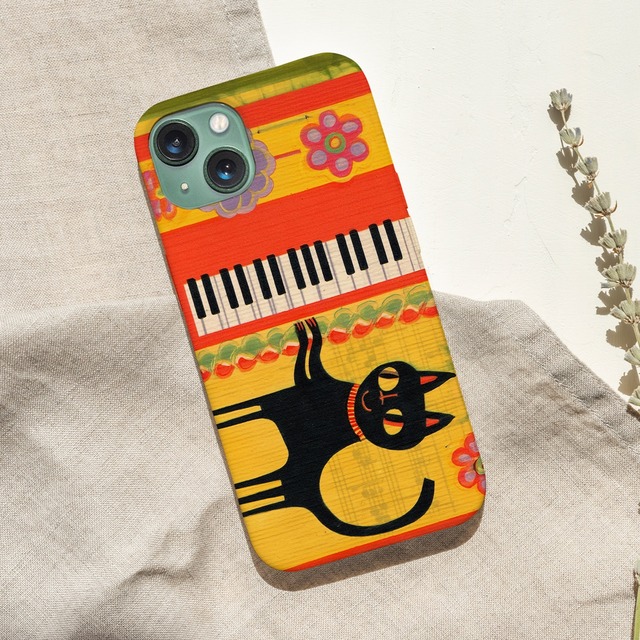 iPhoneケース 黒猫 ピアノ 音楽｜鍵盤楽器 北欧レトロ CAT057