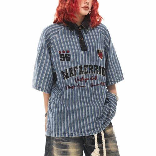 blue striped polo short-sleeved shirt　ブルーストライプポロ半袖シャツ　J1793