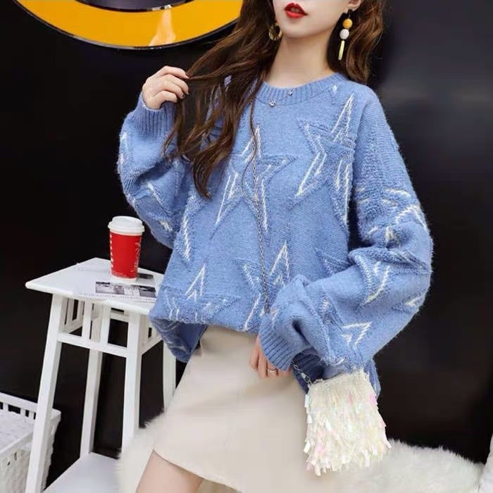 白/黄色/青☆星柄ニットセーター 大きいサイズ ニット Uネック