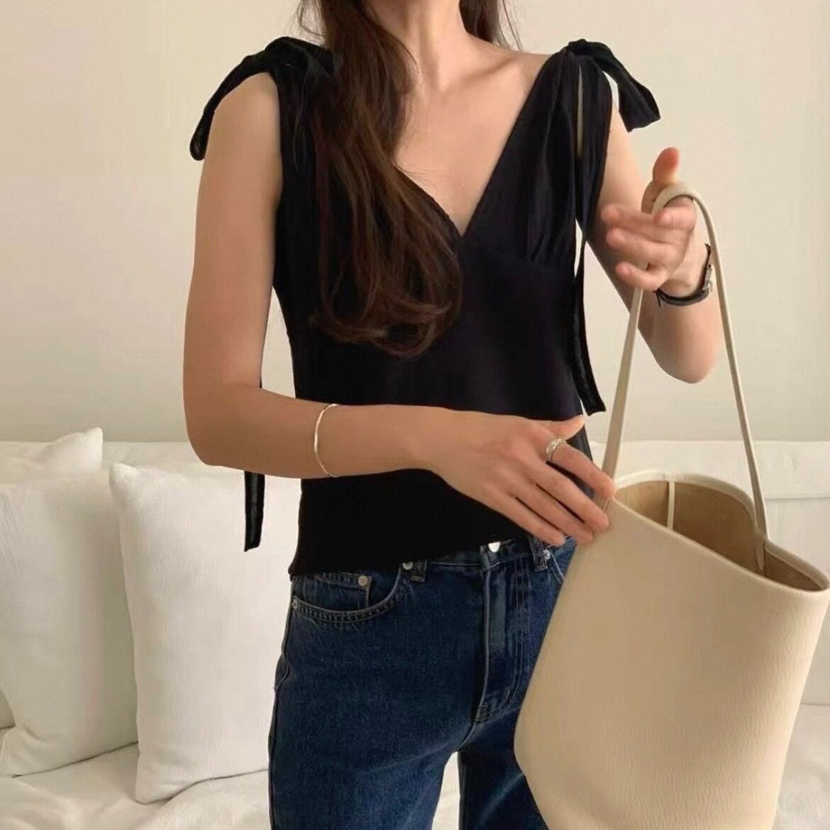 Ribbon Strap Sleeveless V-Neck Top | Molabella