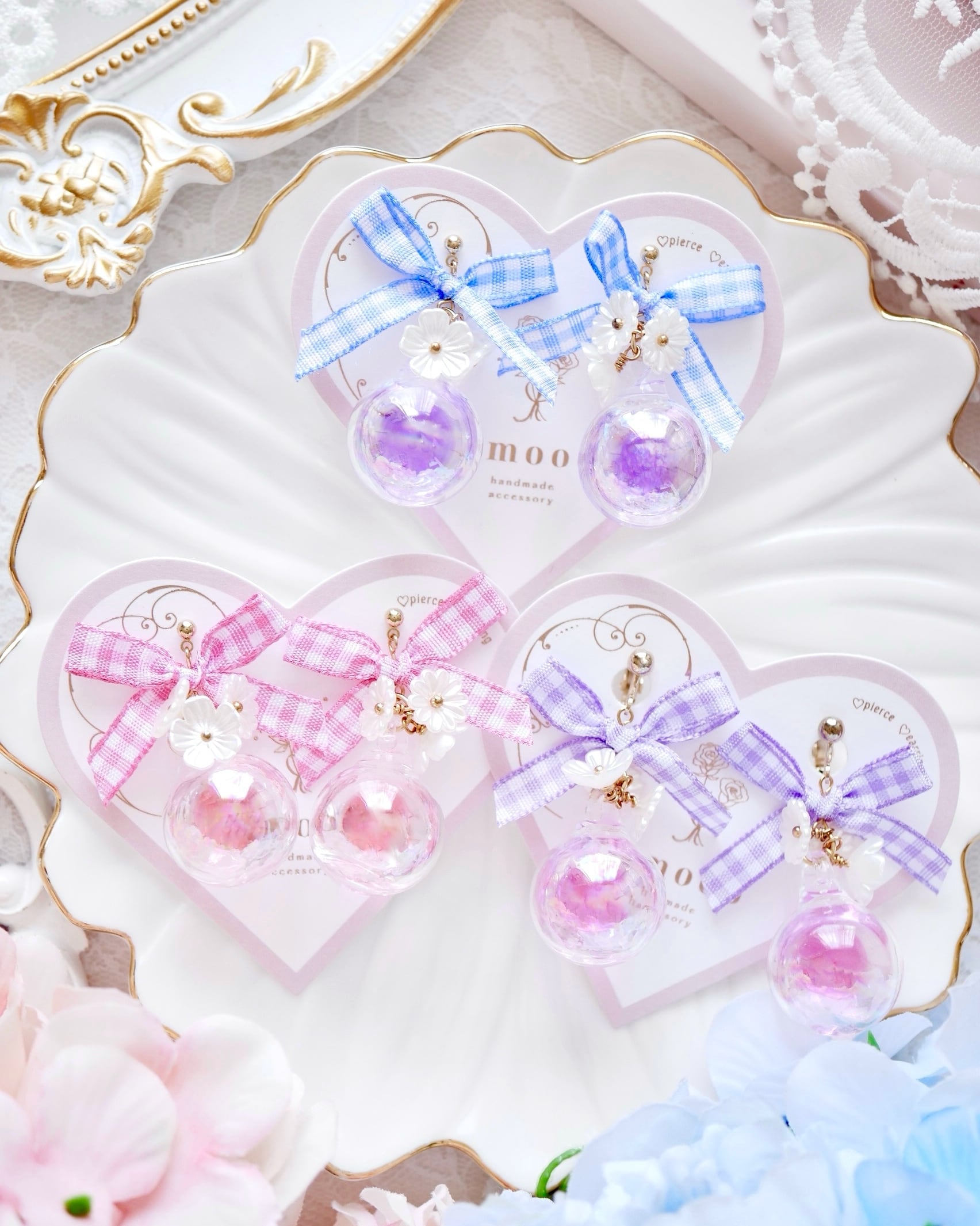 111 ギンガムチェックリボンフラワーガラスドームピアス/イヤリング  