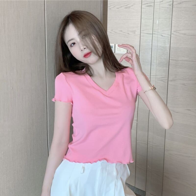 ショートブラウス サマーVネックスリム薄手ウェストTシャツ 夏物 ハンチェンe24981775493