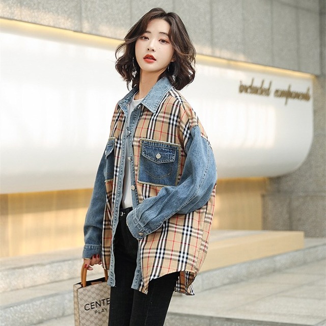 Outer 絶対欲しい チェック柄切り替えデニムファッションアウター N 0864 Nanastyle