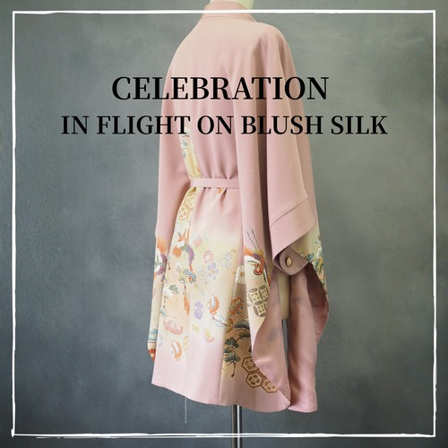 Regenerated Kimono Cape Coat – Handcrafted in Japan/CELEBRATION IN FLIGHT ON BLUSH SILK  着物リメイクのマントコート｜日本のヴィンテージシルクを再生した一点物/淡桜色に舞う、祝福の飛翔