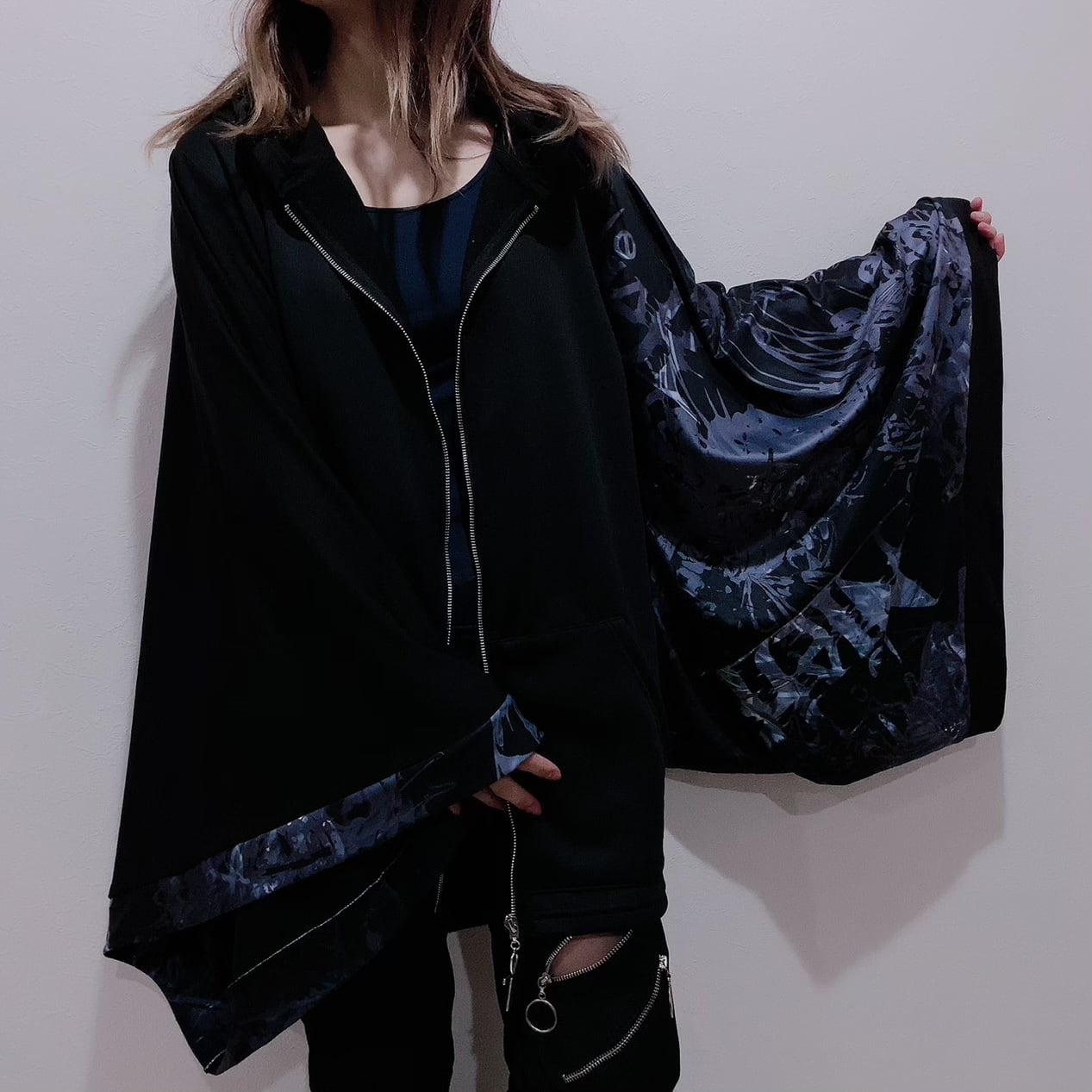 着物風stretch Zip Parka 黒彼岸花 裏地防寒フリース Nier