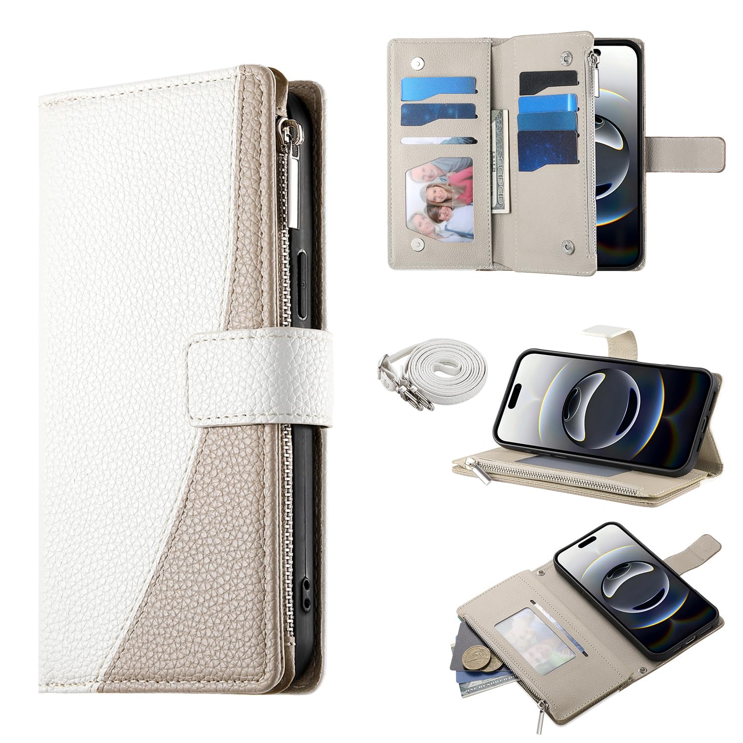 laddutoi FOR iphone16 ケース iphone 16 ケース ショルダー 財布型 カバー 肩掛け 斜めがけ 女性 おしゃれ ロングストラップ ジッパー 小銭入れ カード収納 横置き 上質な手触り 耐汚れ気質 肌感レザー 防指紋 耐久性 贈り物 ストラップ 付き カードポケット付き 収納ポケット マグネット吸着 スタンド機能 薄型 保護 耐衝撃ーホワイト