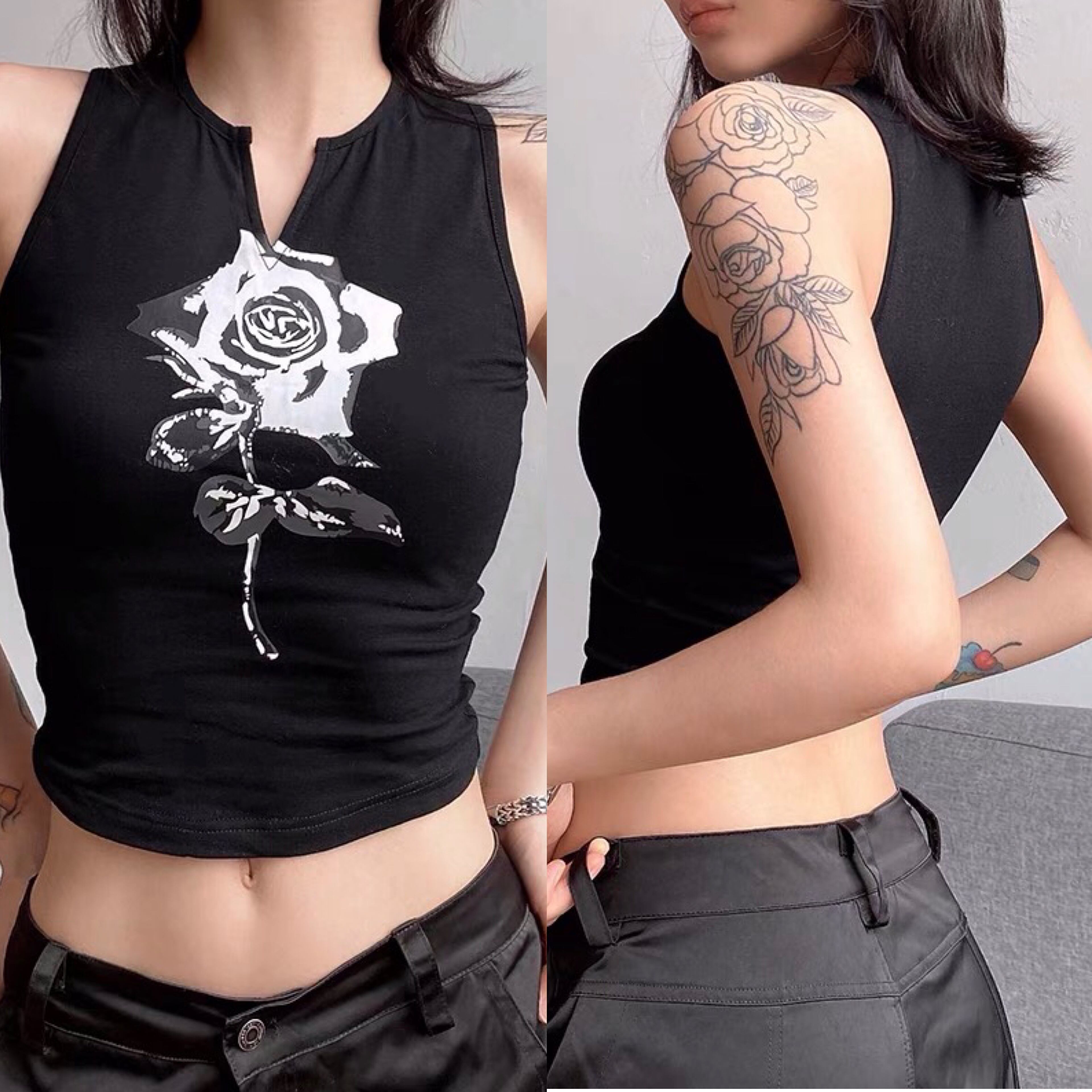 トップス 薔薇 タンクトップ セクシー ダンス クラブ Y2K トップス 黒