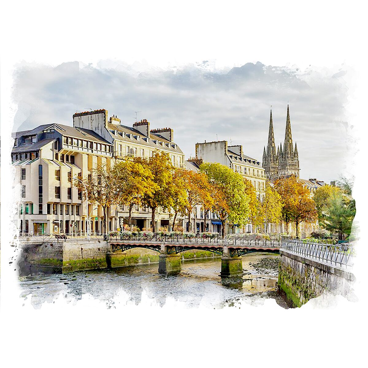 絵画 風景画(街並み) フランス ブルターニュの橋 インテリアアート額 