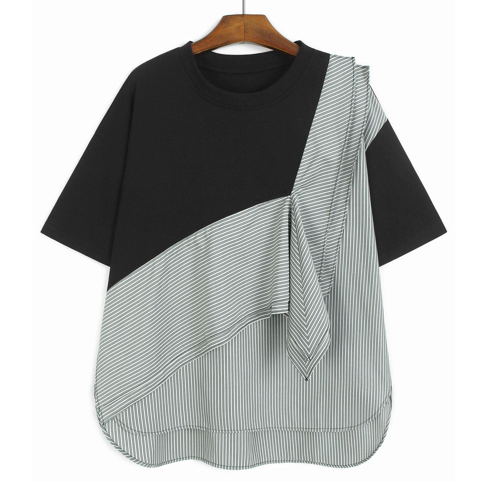 STRIPED RUFFLE PANEL SHORT SLEEVE T-SHIRT M-17254