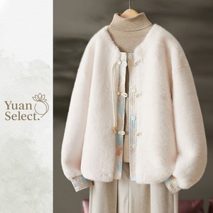 チャイナボタン×フェイクファー　ふんわりノーカラーアウター　YS00217