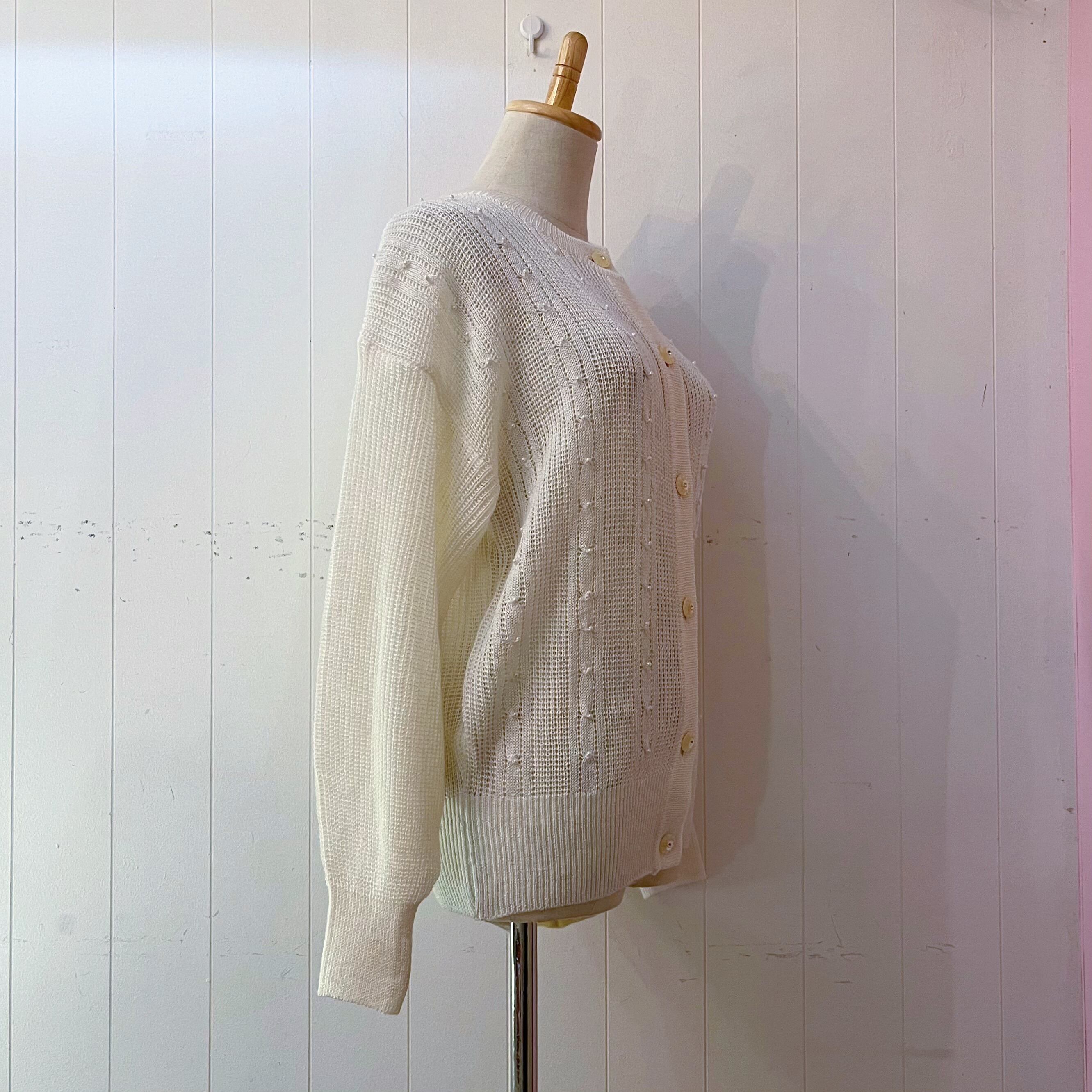 mini pearl beads white knit cardigan