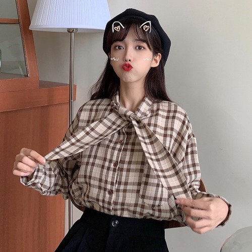 ✞ スタンダードチェック柄シャツブラウス ロング リボン レトロ スウィート ✞ゴスロリ SM ミリ 甘ロリ クラロリ 和ロリ エレガント 黒ロリ 姫ロリ 華ロリ BB-BB82632701602