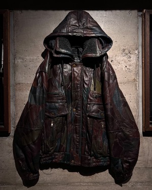 【Caka】Detachable Boa Collar × Hood Gimmick Vintage Multi Color Patchwork Leather Jacket