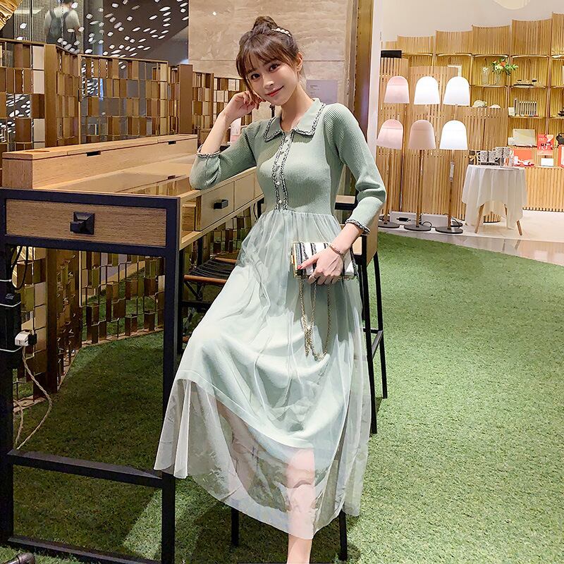 【新作】【送料無料】 マタニティウェア2020秋の新しいニットとメッシュのドレスファッションラペルルーズミドル丈の看護スカート-アリババ オータム 秋物 expec28190547644