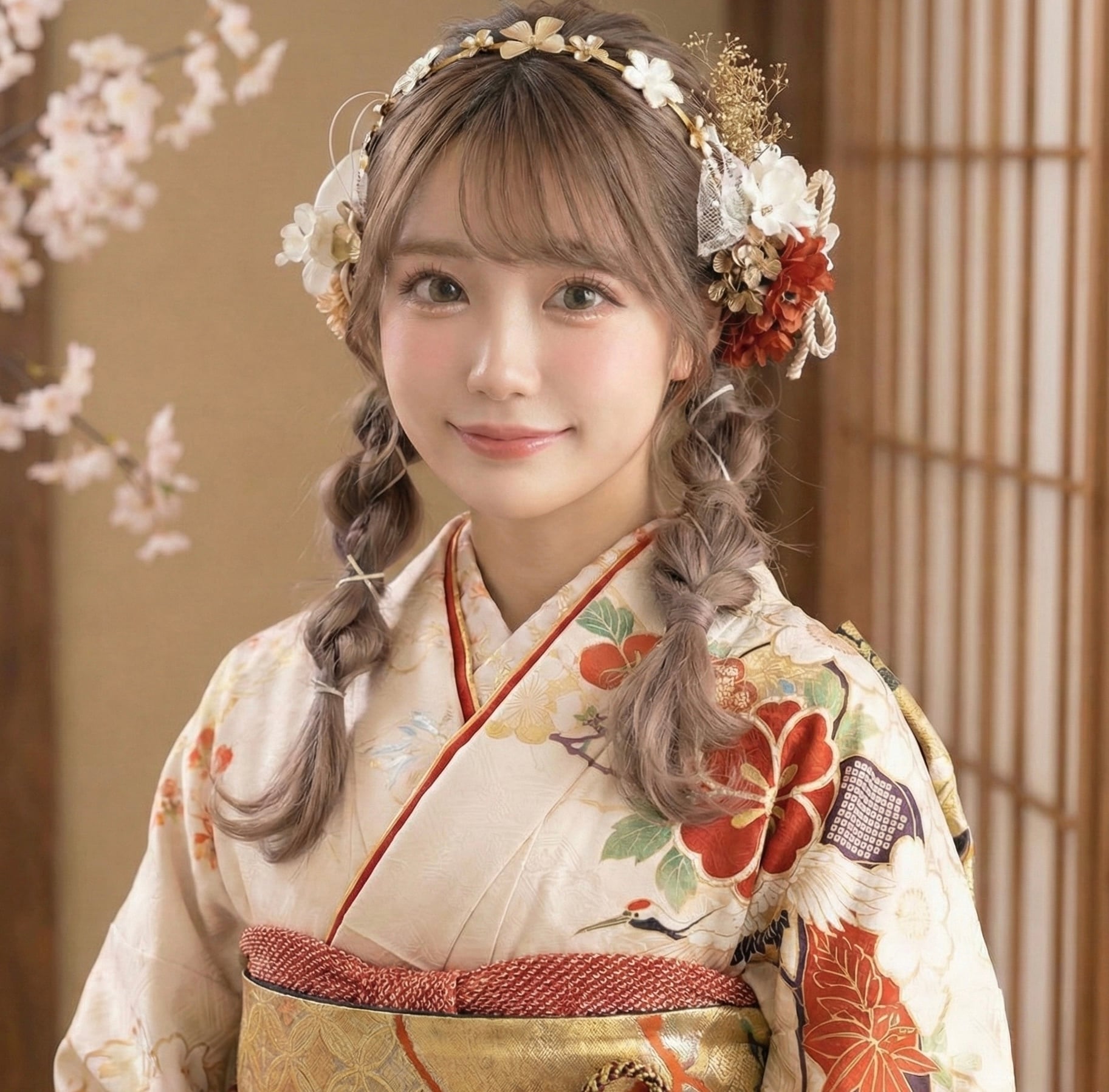 真鍮フラワーカチューシャ髪飾り ホワイトレッド 成人式 卒業式 結婚式