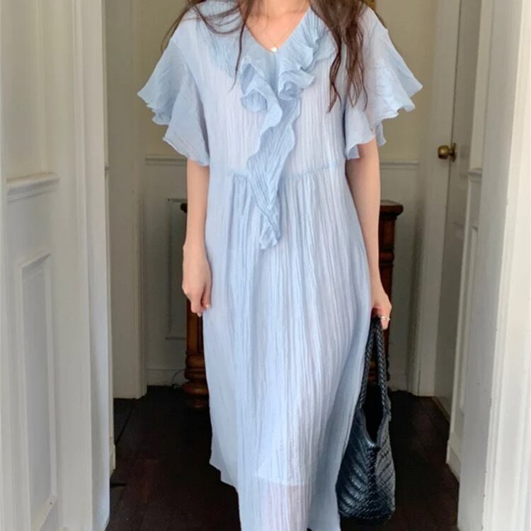 Vネックフリルストレートワンピース33315