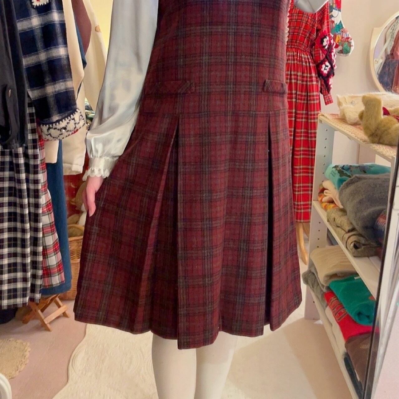 red check back button jumper skirt