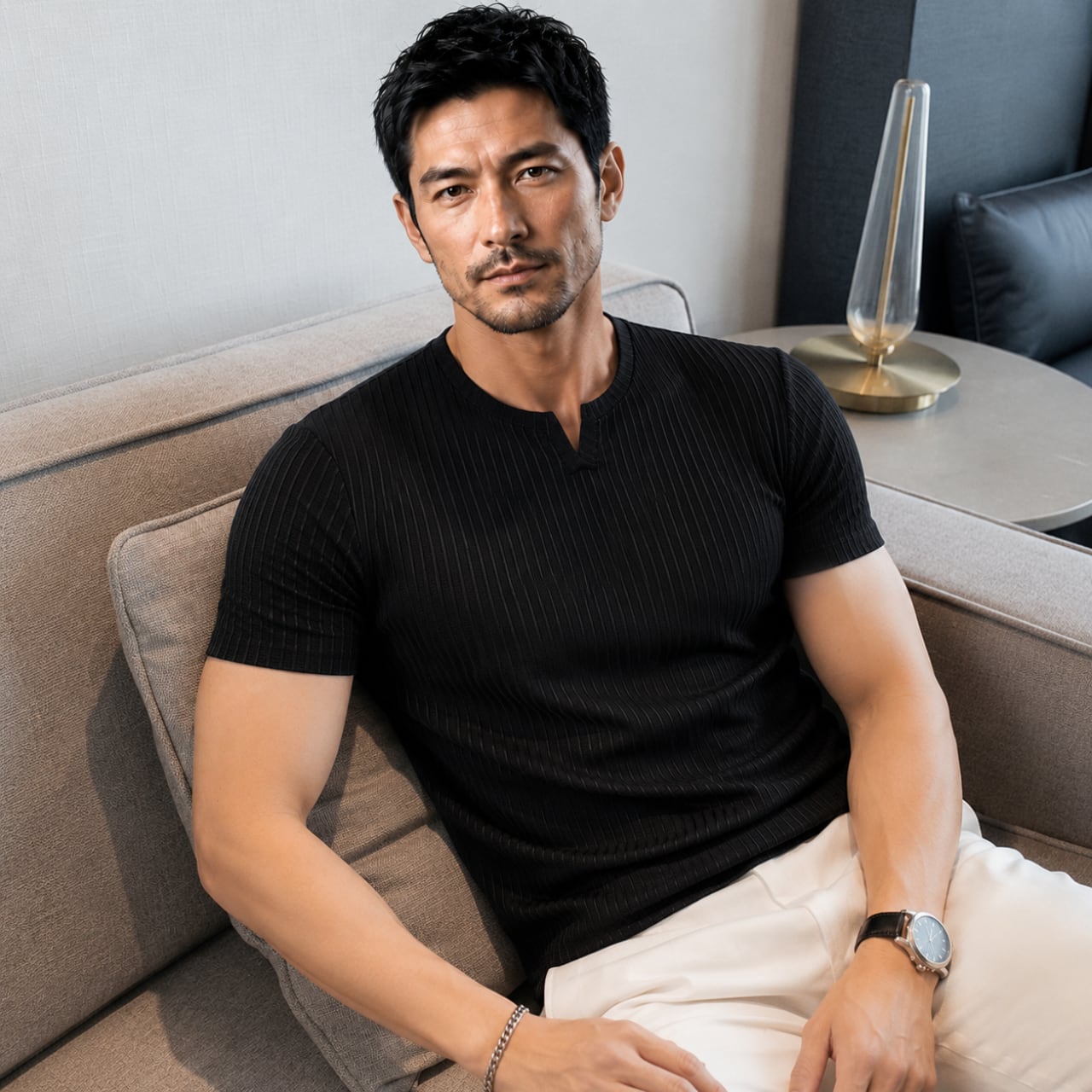 リブデザイン スリムフィット 半袖Tシャツ 2色 10842
