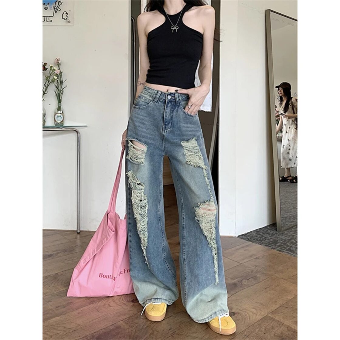 女性ブルーリッピングジーンズヴィンテージワイドレッグジーンズ 
