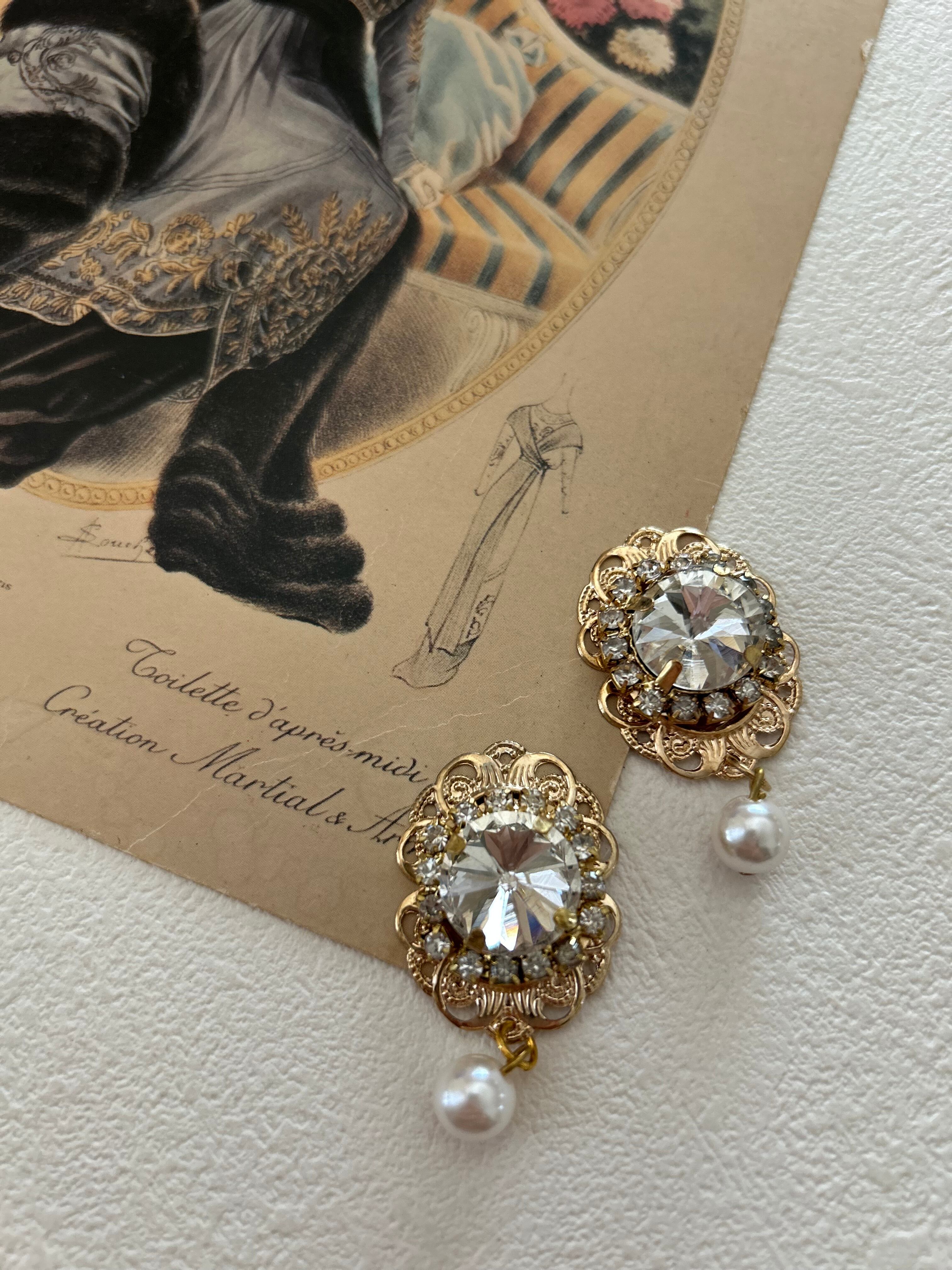 輸入デザインパーツ フレーム付ビジューのデコレーションパーツ 45mm ビジュー ストーン パール調ビーズ デコレーション材 カルトナージュ アクセサリーパーツ