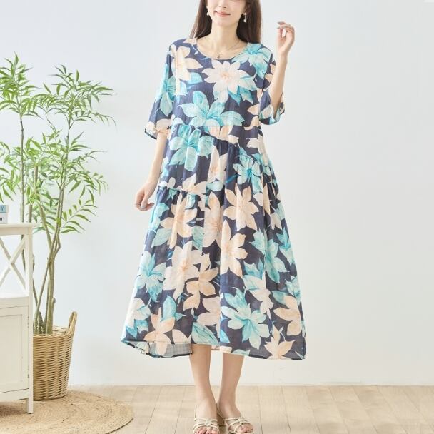 TRUBE マキシワンピース 半袖 コットン ボタニカル柄 ティアード N82-758 ネイビー M L fmsd ロング丈 夏 涼しい ナチュラル ゆったり 体型カバー ミセス 春夏 きれいめ 大人カジュアル上品 リゾート