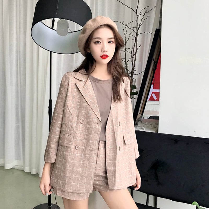 set】セットアップチェック柄ジャケット+ショートパンツおしゃれ  