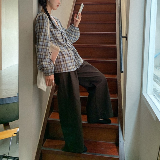 frill check blouse　J00485