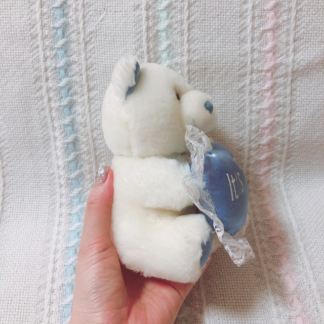 Vtg ぬいぐるみ 白 水色 くま ハート Spank