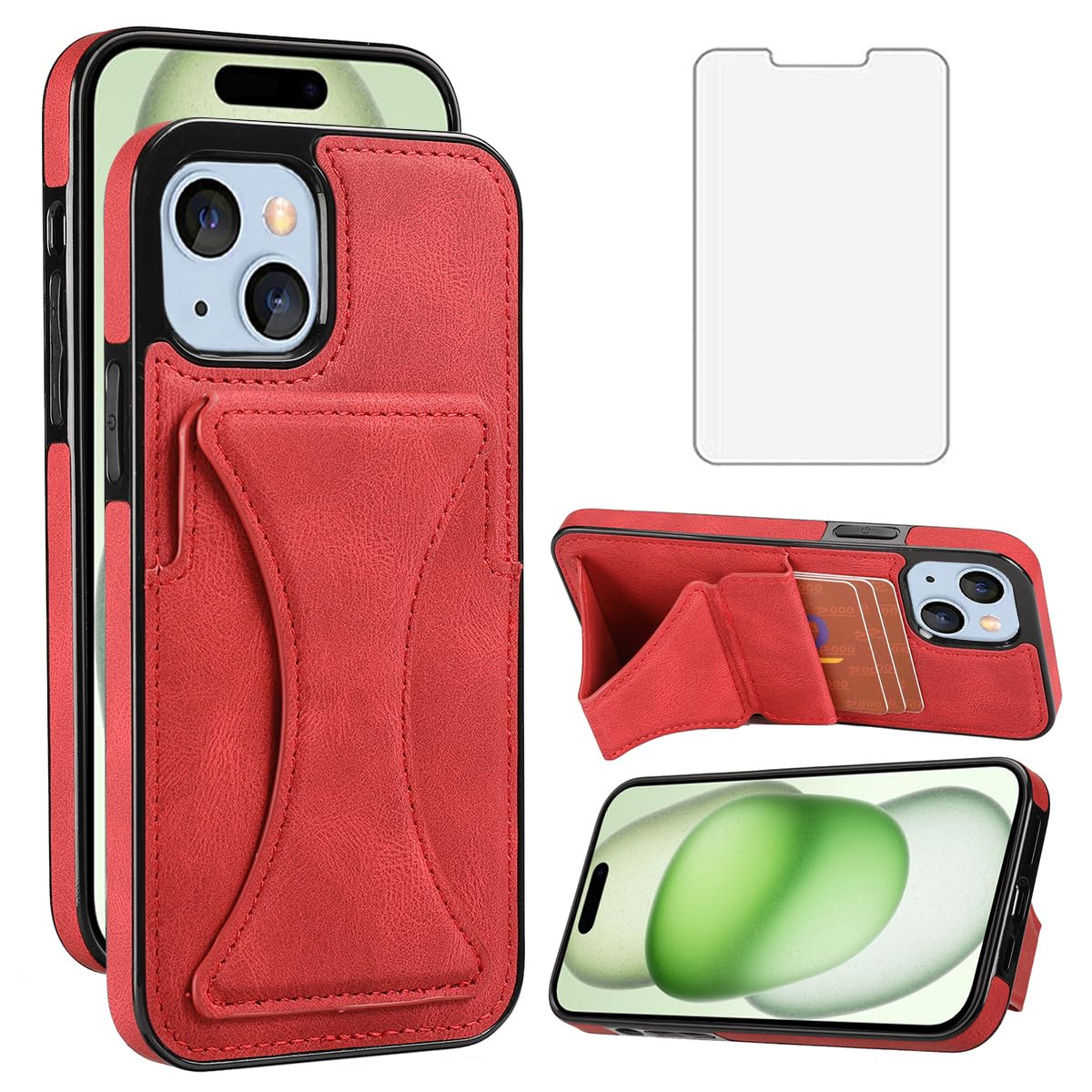JSCOMYAP iPhone 15 ケース用 いphone15 ケース + iphone15 强化 ガラス フィルム PUレザーカード収納横置きスタンド機能付き 携帯ケース 人気 衝撃吸収 スマホケース Case Cover iP15 アイフォン15 i phone15 いpほね15 アイフォン 15 背面 カバー レディース 6.1インチ(レッド)