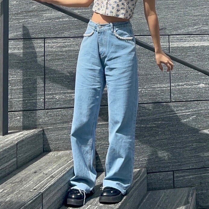 pois roses】Pearl straight denim (LAST1) | feellie