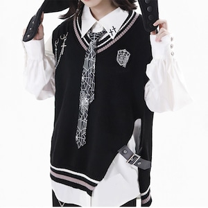 サイドスリットベルトチェーンクロスニットベスト(lli_6257)