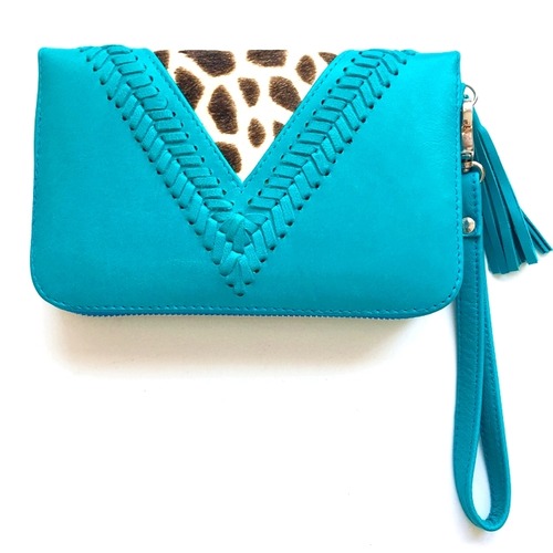 ボヘミアン 本革 レザー ウォレット(ターコイズブルー×ハラコ)ミラー付 財布 パスポート入れ【バリ直輸入】