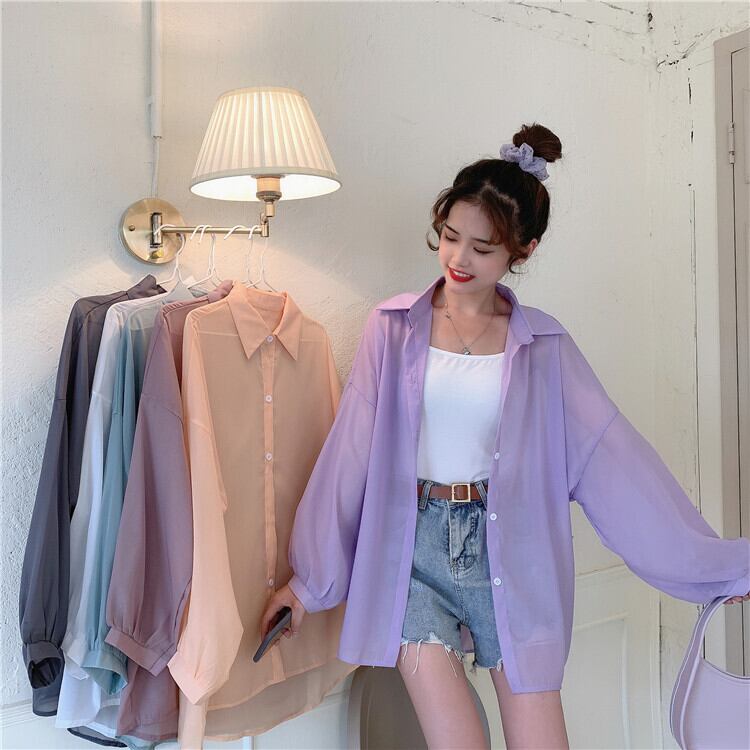 薄くてやや透明なパープルのレディースシャツデザインセンスニッチ2020新夏日焼け止めシャツルーズ長袖トップス 1号婦人22473643675