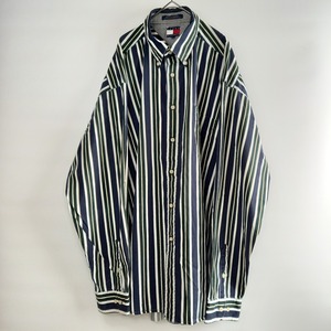 トミーヒルフィガー　コットンBDシャツ　ストライプ　オーバーサイズ　刺繍ロゴ　紺
