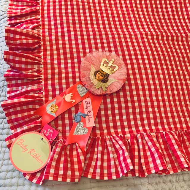 ギンガムチェックのテーブルクロス　ロゼット付(200151)