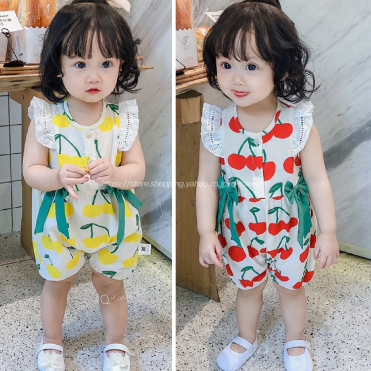 60 90 カバーオール フリル リボン さくらんぼ ベビー 韓国版 韓国子供服 女の子 キッズ 子供服 Q Toworld キュートワールド 子供服