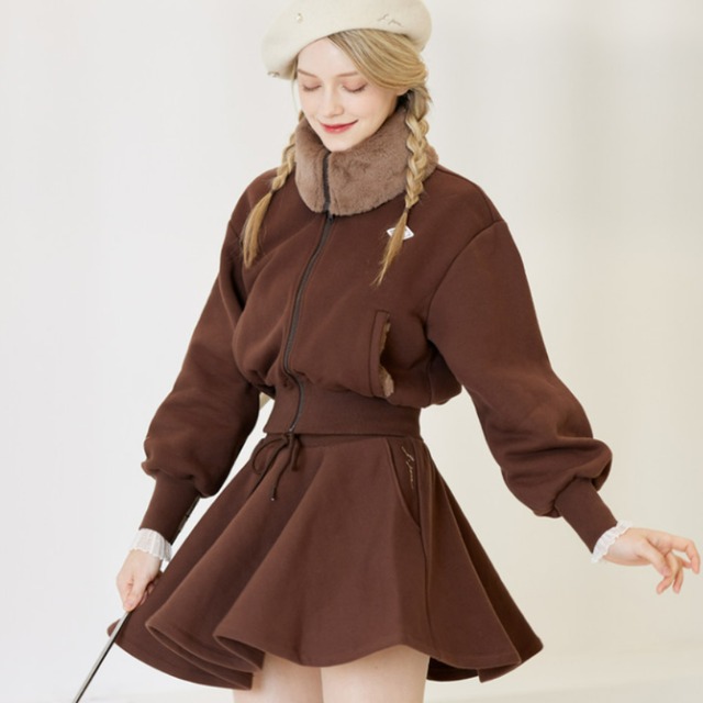 Fur collar flare zip-up set （Brown）